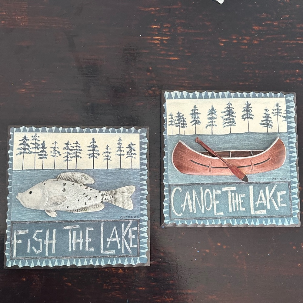 8” x 8” cabin decor. Hanging pictures.